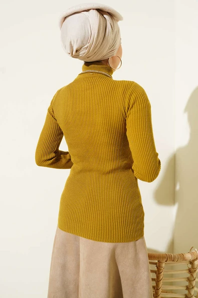 Boğazlı Fitilli Triko Kazak Yağ Yeşili - Resim 3