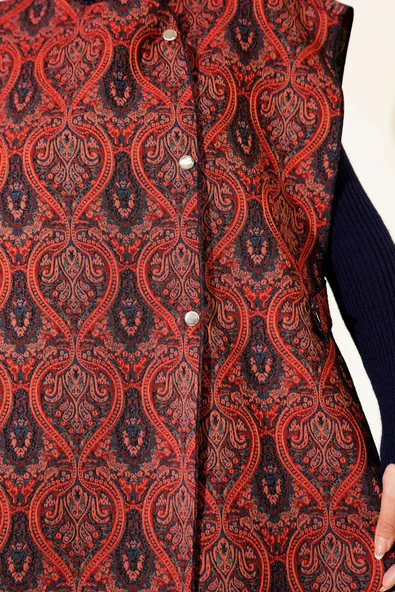 Etnik Desen Çıtçıtlı Yelek Bordo - Resim 4