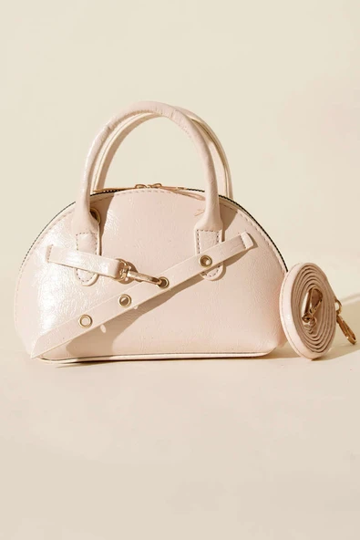 Fermuarlı Oval Mini El Çanta Krem - Resim 2