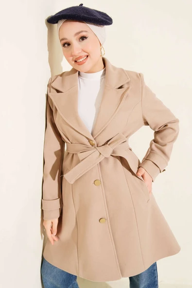 Kuşaklı Gold Düğmeli Kaşe Kaban Bej ürün görseli 1