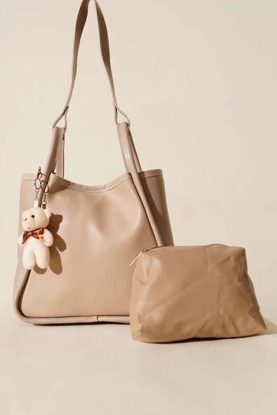 Çıtçıtlı Makyaj Çantalı Kadın El Çantası Bej - Resim 2