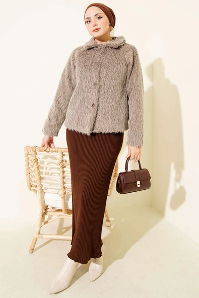 Düğmeli Sakallı Kısa Ceket Vizon - Resim 2