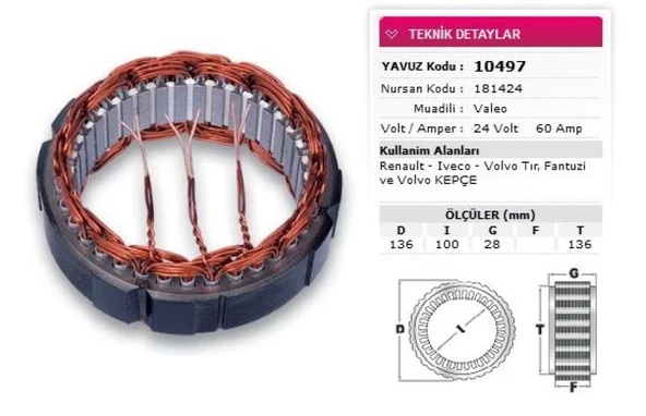 İveco Truck Stator Valeo Tip 24v 60a Renault İveco Volvo Tir Fantuzı Volvo Kepce Nursan 181424 - Yavuz 10 497 ürün görseli