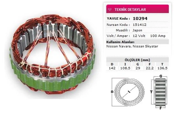 Nissan Ticarı Stator Mitsubıshı Tip 12v 100a Nissan Navara Nissan Skystar Nursan 151412 - Yavuz 10 294 ürün görseli