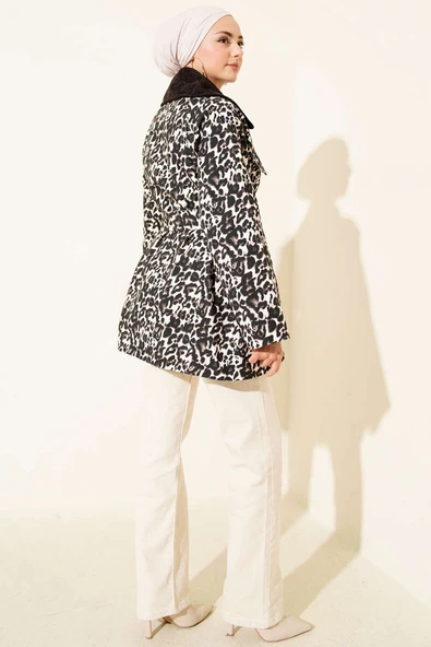 Leopar Desen Kadife Yaka Trençkot Kahve - Resim 3