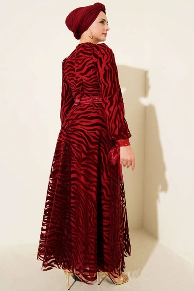 Dalga Desen Tül Kuşak Abiye Elbise Bordo - Resim 3