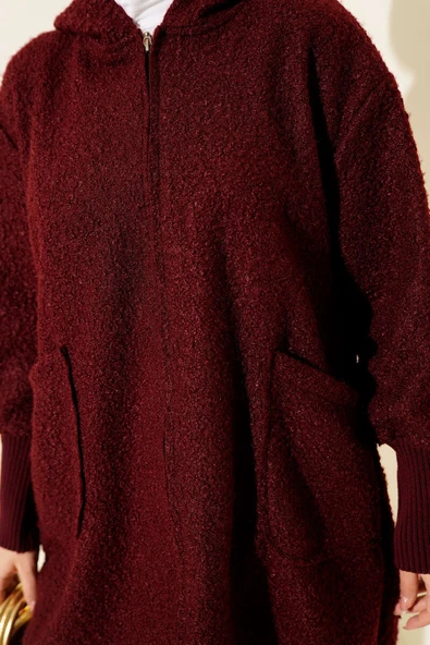 Bilek Ribanalı Kapüşonlu Buklet Hırka Bordo - Resim 4