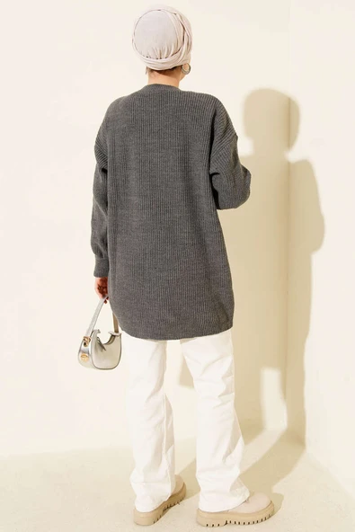 Kol Düğme Detaylı Triko Tunik Füme - Resim 3