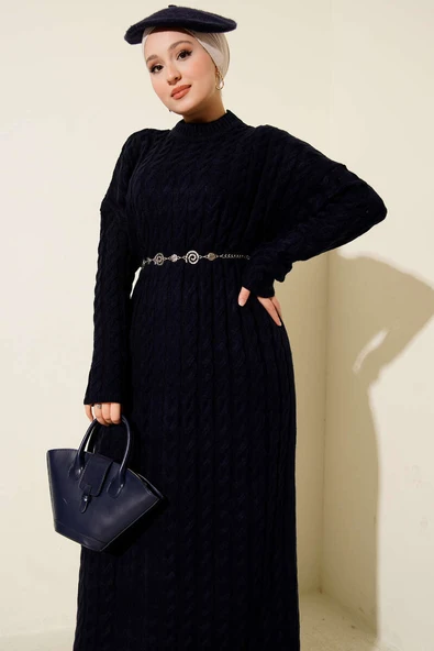 Saç Örgülü Basic Triko Elbise Lacivert - Resim 2