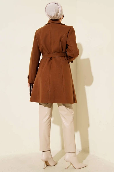 Kuşaklı Gold Düğmeli Kaşe Kaban Taba - Resim 3