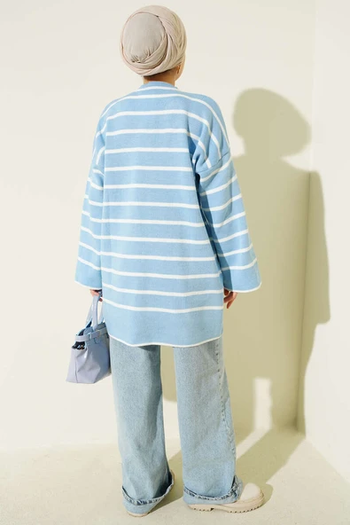 Yatay Çizgili Düşük Omuz Triko Tunik Mavi - Resim 3