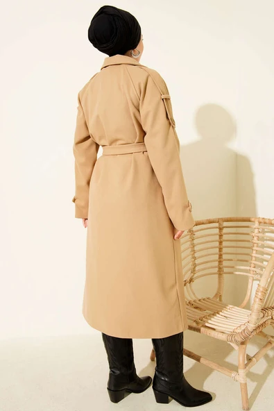 Kruvaze Yaka Omuz Apoletli Kaşe Kaban Camel - Resim 3