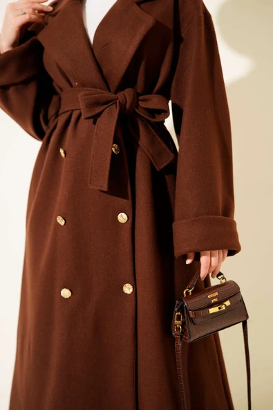 Gold Düğmeli Kruvaze Kaşe Kaban Kestane - Resim 4