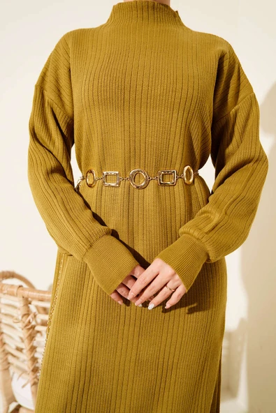 Fitilli Basic Triko Elbise Yağ Yeşili - Resim 4