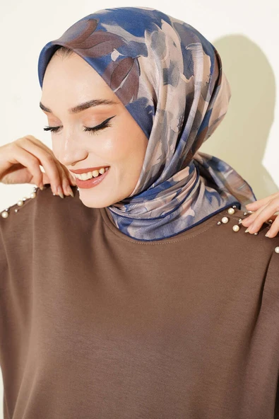 Desenli Demore Lacivert Serisi Eşarp Asorti 2 - Resim 2