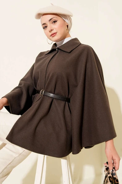 Kemerli Gömlek Yaka Kaşe Panço Vizon ürün görseli 1