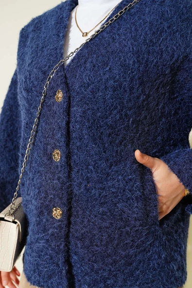 Gold Düğmeli Keçe Kısa Ceket Lacivert - Resim 4
