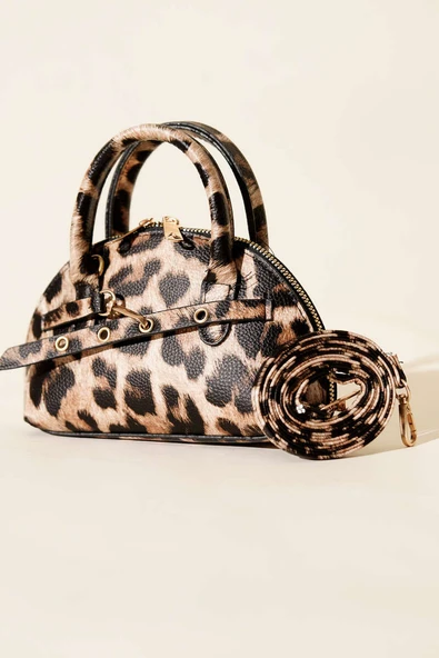 Fermuarlı Oval Mini El Çanta Leopar ürün görseli 1