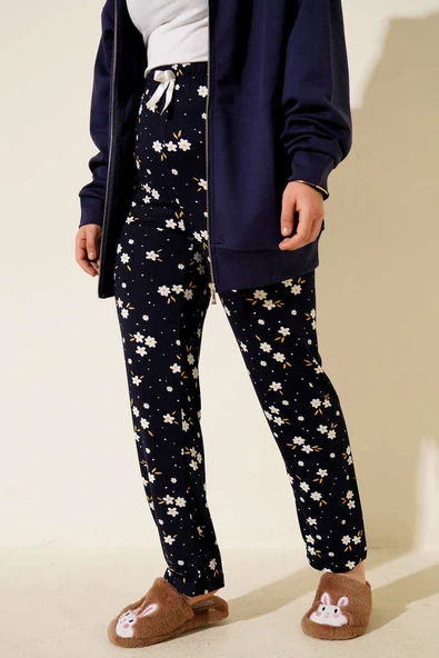 Bel Lastikli Desenli Pijama Altı Koyu Lacivert ürün görseli 1