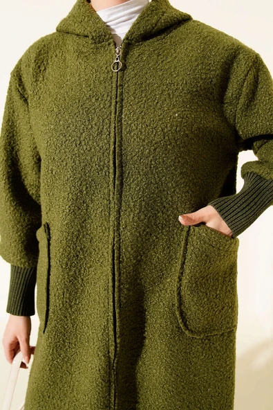 Bilek Ribanalı Kapüşonlu Buklet Hırka Haki - Resim 4