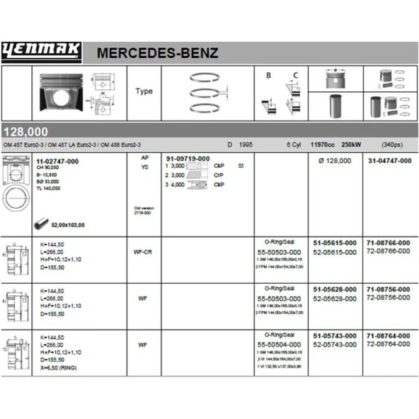 Mercedes Truck Motor Kiti (piston-Segman-Gomlek) 128 MM  Euro 3 Mercedes Benz Om 457 - Yenmak 71-08756-000 ürün görseli 1