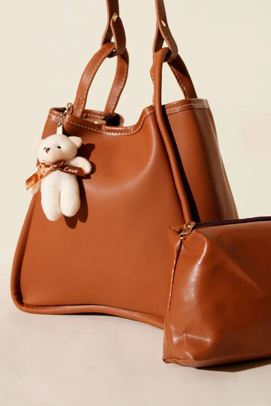 Çıtçıtlı Makyaj Çantalı Kadın El Çantası Taba - Resim 3