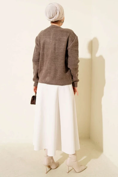 Zikzak Desenli Gold Düğmeli Triko Hırka Vizon - Resim 3