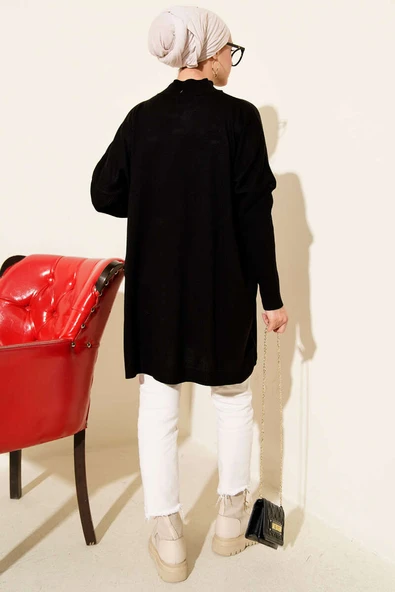 Kol Ribanalı Oversize Triko Tunik Siyah - Resim 3