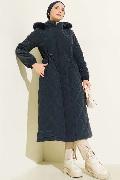 Baklava Kapitone Bel Tünelli Uzun Mont Lacivert ürün görseli 1