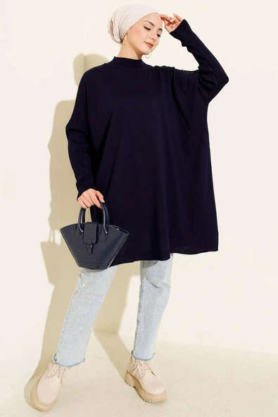 Kol Ribanalı Oversize Triko Tunik Lacivert - Resim 2