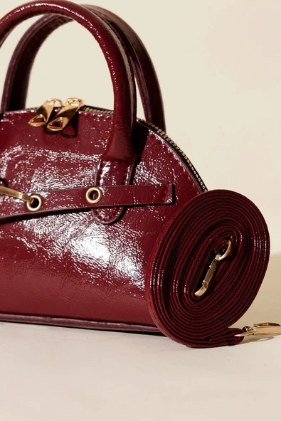 Fermuarlı Oval Mini El Çanta Bordo - Resim 3
