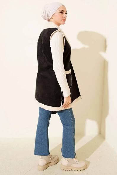 Peluş İçli Süet Yelek Siyah - Resim 3