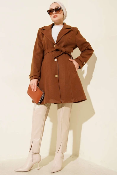 Kuşaklı Gold Düğmeli Kaşe Kaban Taba - Resim 2