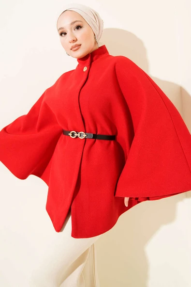 Tek Düğmeli Kemerli Kaşe Panço Kırmızı ürün görseli 1
