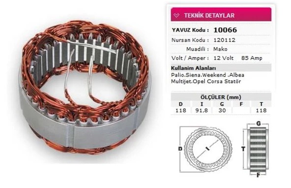 Fiat Stator Mako Tip 12v 85a Palıo Siena Weekend Albea Multıjet Opel Corsa Nursan 120112 - Yavuz 10 066 ürün görseli