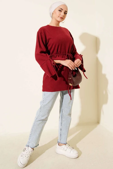Bilek İpli Fitilli Kaşe Tunik Bordo - Resim 2