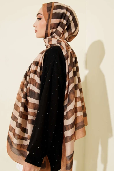 Stick Desen Lina Şal Tütün - Resim 3