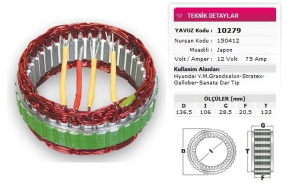 Hyundaı Stator Mitsubıshı Tip 12v 75a Hyundaı Ymgrandsalon Stratex Gallober Sanata Dar Tip Nursan 150412 - Yavuz 10 279 ürün görseli