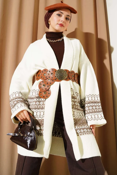 Şal Yaka Etnik Desen Triko Hırka Ekru ürün görseli 1