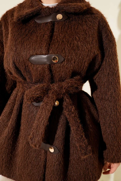 Deri Çıtçıtlı Sakallı Kuşaklı Ceket Kahve - Resim 4