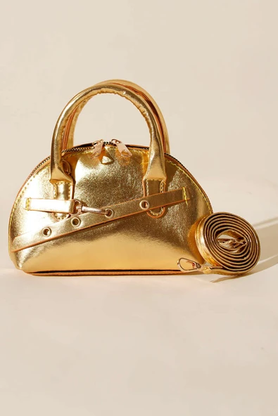 Fermuarlı Oval Mini El Çanta Gold - Resim 2