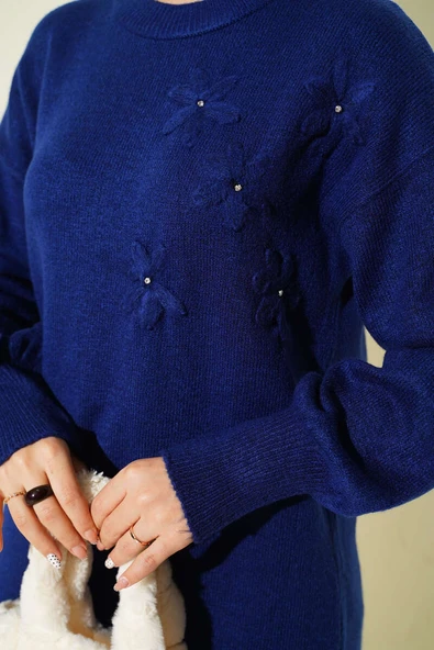 Yaka Çiçekli Yumoş Triko Tunik Lacivert - Resim 4