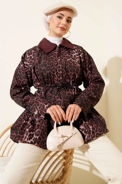 Etek Ucu Gizli Lastikli Leopar Trençkot Mürdüm ürün görseli 1