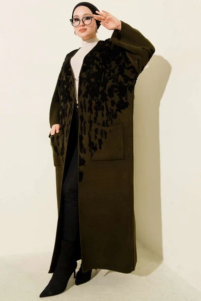 Kabartma Desenli Triko Uzun Hırka Haki ürün görseli 1