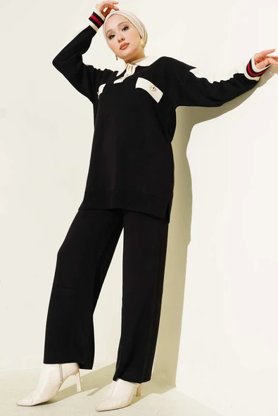 Gömlek Yaka Düğmeli Triko İkili Takım Siyah ürün görseli 1