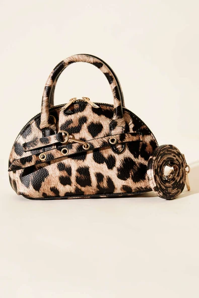 Fermuarlı Oval Mini El Çanta Leopar - Resim 2