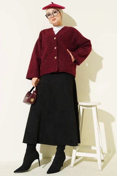 Gold Düğmeli Keçe Kısa Ceket Bordo - Resim 2