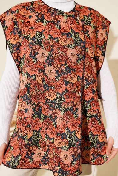 Etnik Desen Çıtçıtlı Yelek Kiremit - Resim 4