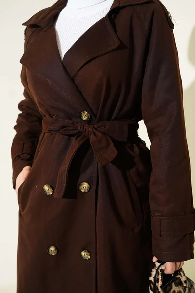 Apoletli Kruvaze Yaka Trençkot Acı Kahve - Resim 4