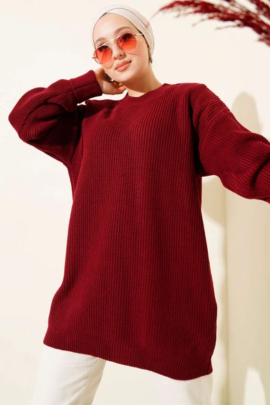 Kol Düğme Detaylı Triko Tunik Bordo ürün görseli